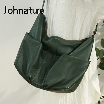 

Johnature 2020 New Leisure First Layer Cow Leather Women Bag Fashion Shoulder Bags Solid Color Large Capacity Messenger Bag