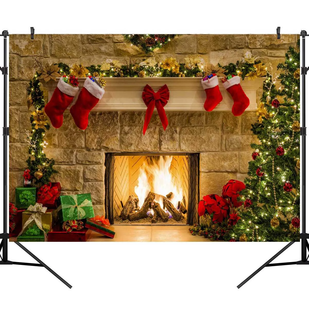

Christmas Tree Backdrop Fireplace Photo Background White Brick Wall Photography Backdrops Santa Claus Sock Photo Studio