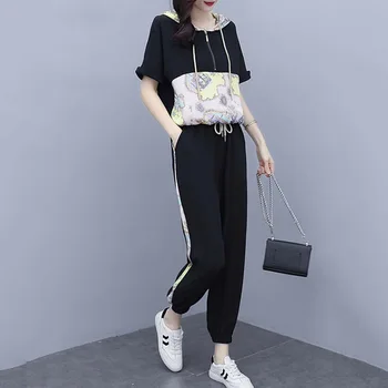 

Fashion Casual Suit 2020 Summer New Women's Fashion Korean Japanese Style Printed Hooded Casual Two-piece OL Suits Streetwear