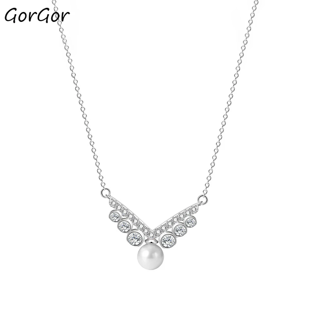 

GorGor Necklace Women 925 Sterling Pattern V-letter Mosaic Zirconia with Fritillary Pendant Luxury Engagement Jewelry A2160