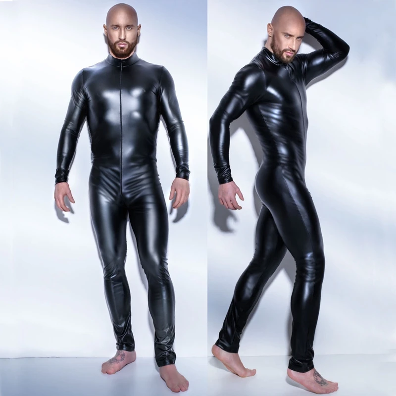 ANNJOLI Plus Size Hot Men Sex Wetlook Faux Leather Latex Catsuit Bodysuit Erotic Slim Tight gay fetish Wear Open Crotch Clubwear