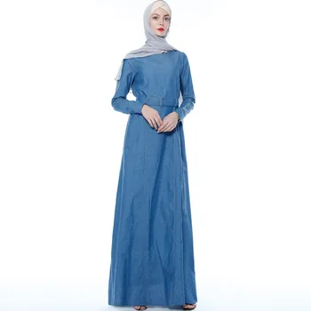 

2019 new denim Muslim wrinkled pencil skirt Pliss long dress trumpet sleeves robe robes robe Middle East Ramadan Arab Islamic cl