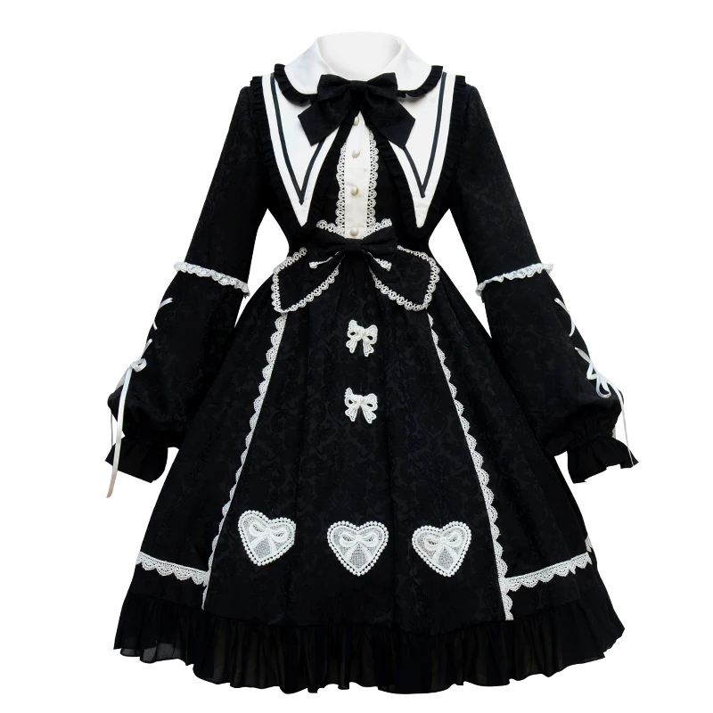 Элегантное приталенное платье в стиле Лолиты с кукольным воротником в стиле аниме «Сказка Алисы»; женские вечерние платья принцессы с кружевной отделкой и бантом - Цвет: Черный