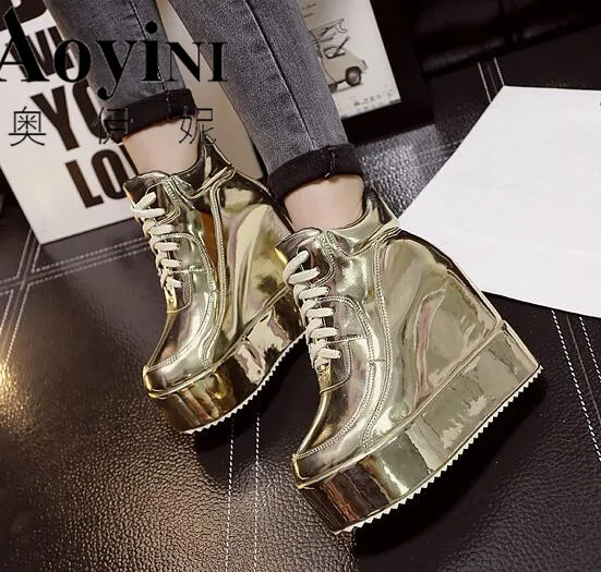 

Women Boots Ankle Muffin Thick Bottom With Round Head Boots Gold Silver Wedge With High Heel women's Boots