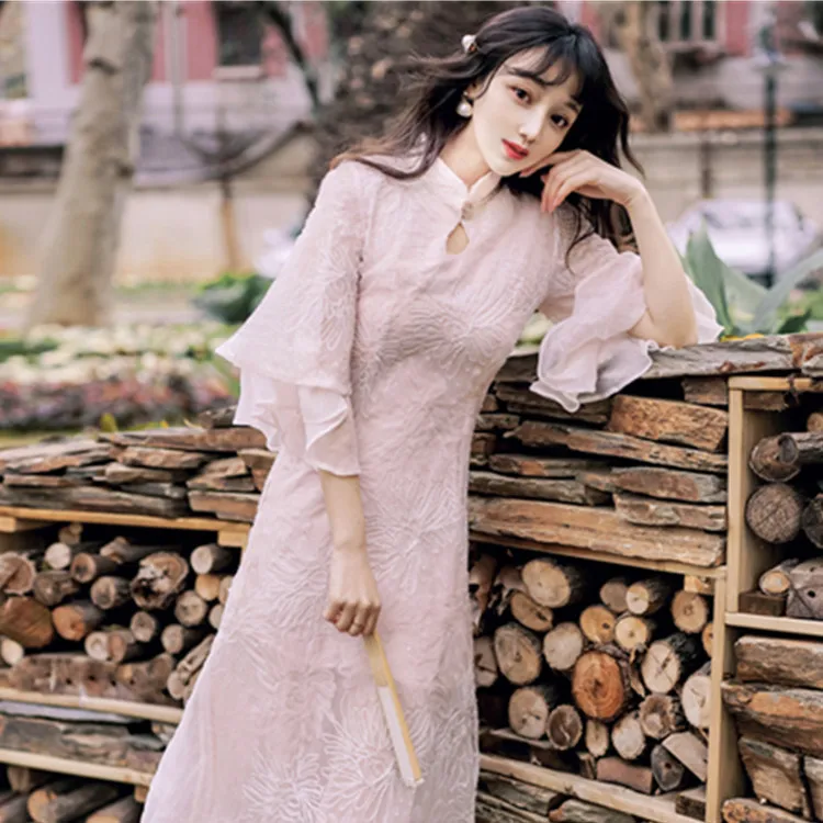 

2020 New Summer New Style Cheongsam Modified Version Dress Girl's Chinese-Style Trip Shoot Holiday Floating Flower Dress Women