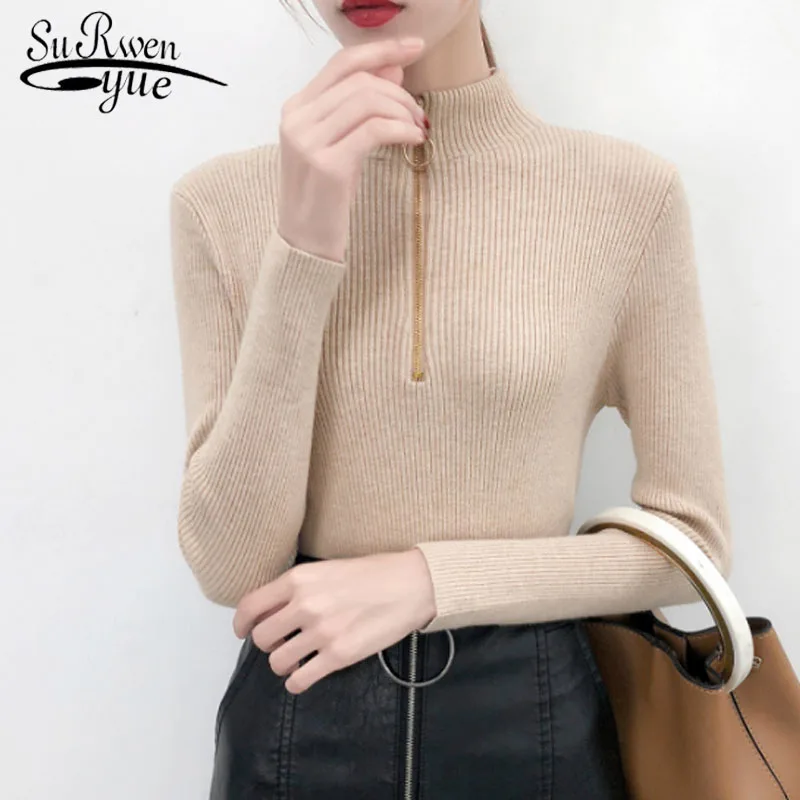 Women Sweaters 2019 Winter Casual Zipper Pullovers Knitted Sweater Long Sleeve Turtleneck Women Sweaters Solid Slim 6152 50