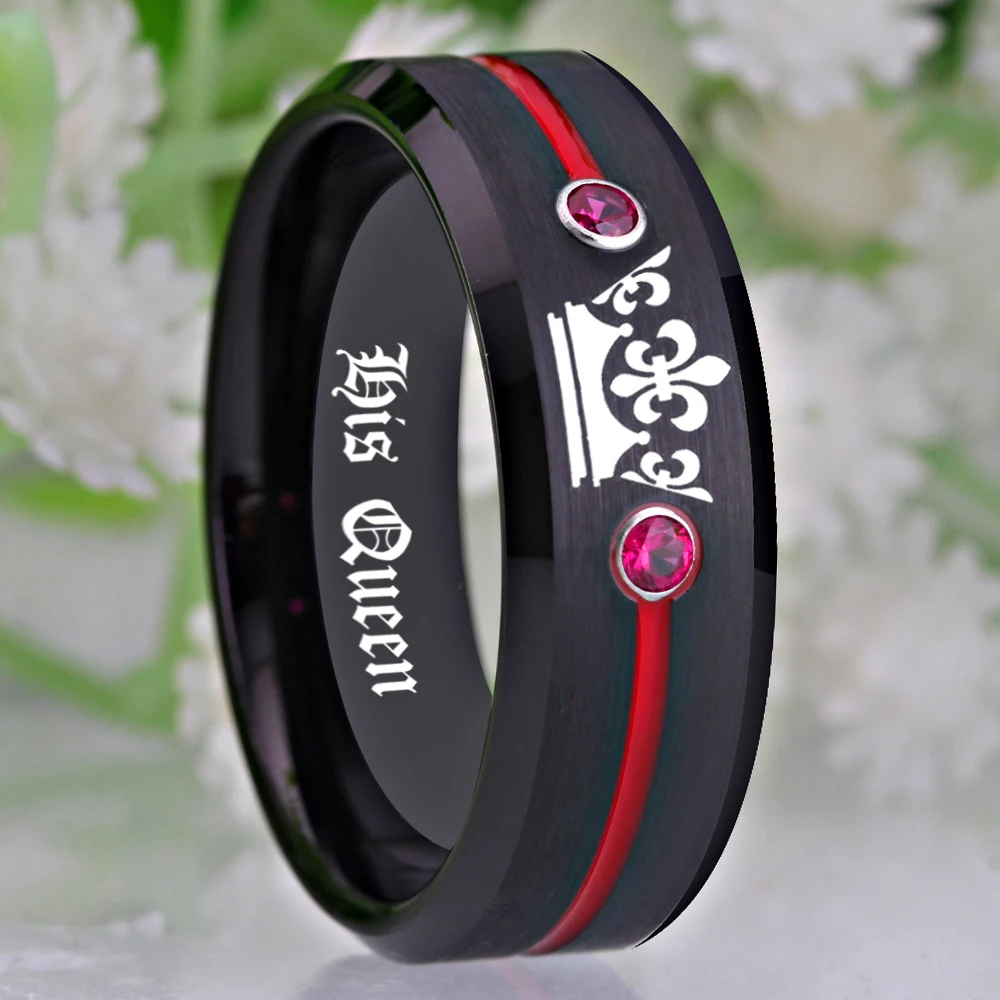 Tungsten Carbide Ring HIs Queen- Her King Ring Black Tungsten With Red CZ Women Ring for Wedding Anniversary Gift Drop Ship