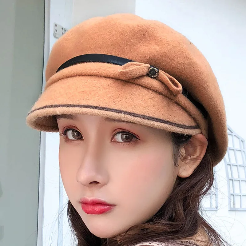 Шерстяная кепка берет художника, Рекомендуемая Корейская Осенняя зимняя женская кепка с бантом, Высококачественная купольная саржевая нейтральная