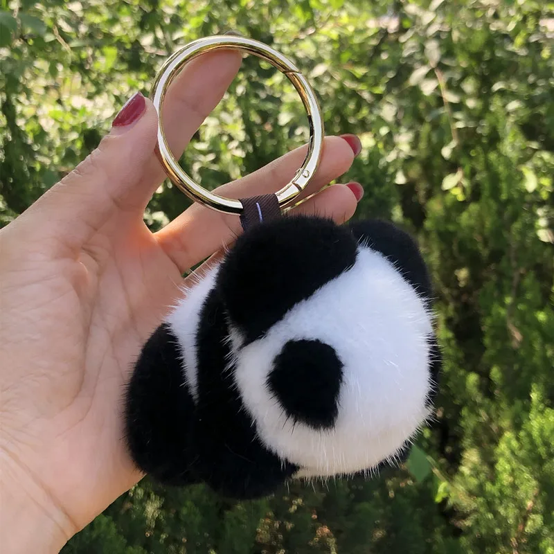 

New Fashion Cute Panda Keychain Soft Real Mink Fur Ball Car Keyrings Pompom Key Chain Women Bag Doll Toy Pendant Accessories DIY