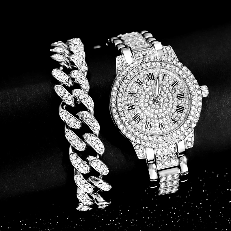 Iced Out Rose Gold Silver Color Watch Women's Luxury Rhinestone Cuban Chain Bracelet Watches Fashion Wrist Watch Hip Hop Jewelry