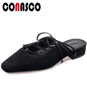 

CONASCO Women Sandals Genuine Leather Concise Casual Slippers Cross-Tied Square Toe Shoes Woman New 2020 Summer Low Heels Mules