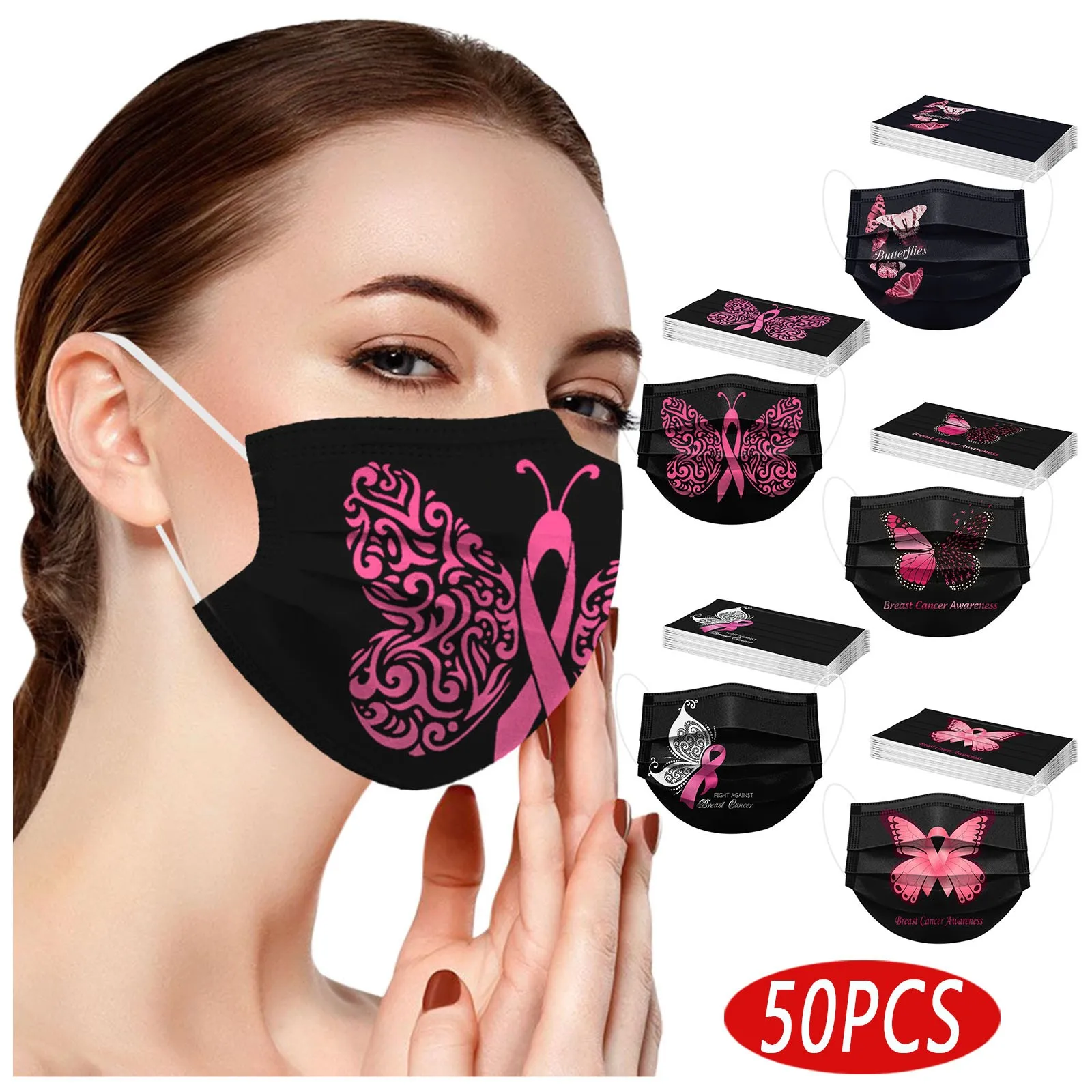 50pc Breast Cancer Print Mask Adults Disposable Mascarillas 3 Layer
