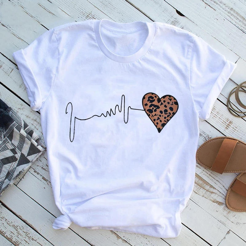 Summer New 90 s Leopard Heartbeat Short Sleeve Print Clothing Women's T-Shirt Oversized Harajuku Graphic Tops | Женская одежда