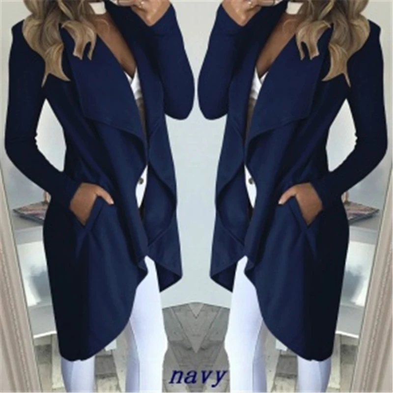 Umeko модная женская верхняя одежда с длинным рукавом и отложным воротником, куртка, пальто, повседневное осеннее зимнее элегантное пальто свободного размера плюс - Цвет: Синий