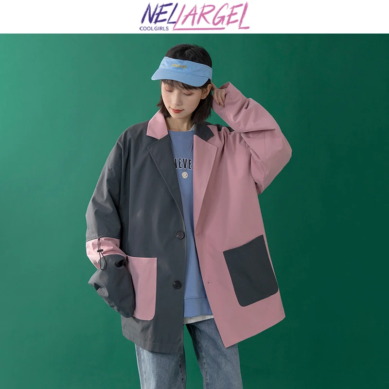 

NELLARGEL Women Harajuku Patchwork Windbreaker Jackets Coats 2023 Female Vintage Kpop Fashion Baggy Bomber Jacket Girl Y2k Coats