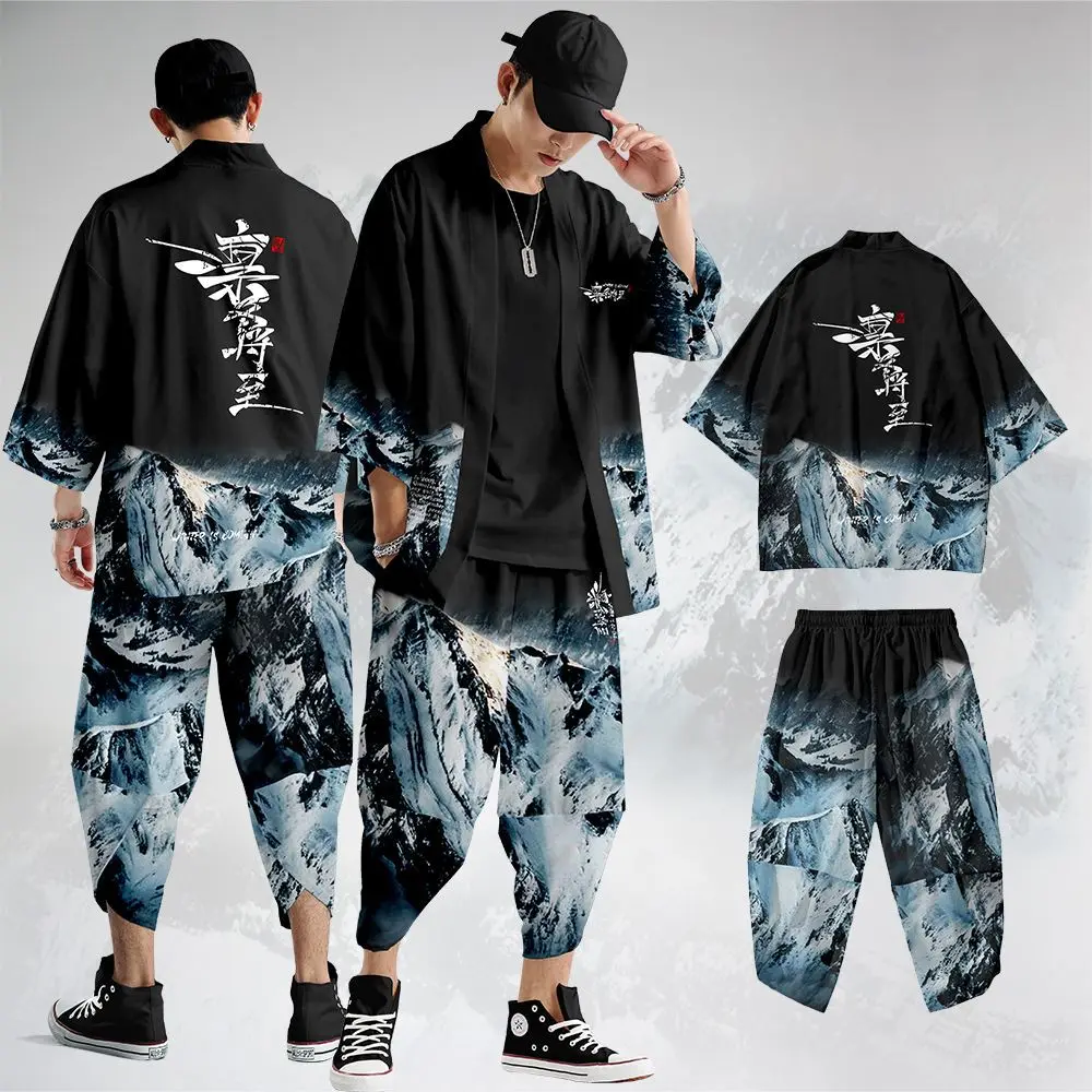 

Men Harajuku Cardigan Kimono Japan Black Print Clothes And Pant Beach Coat Japanese Style Kimono Streetwear Haori