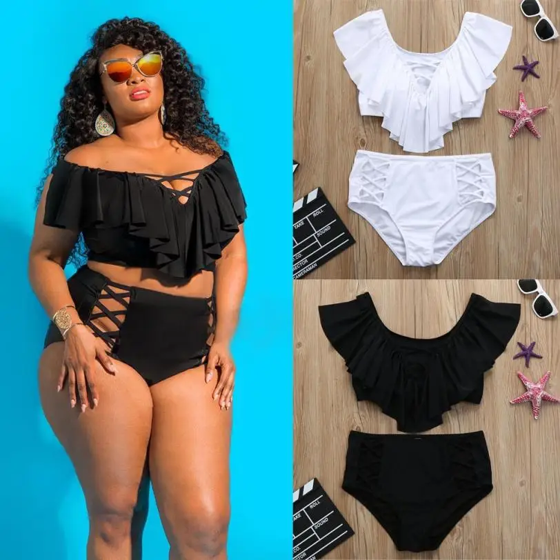 

Two Piece Plus Size Swimwear Women Printed Bathing Ruffle Swimsuit Beachwear