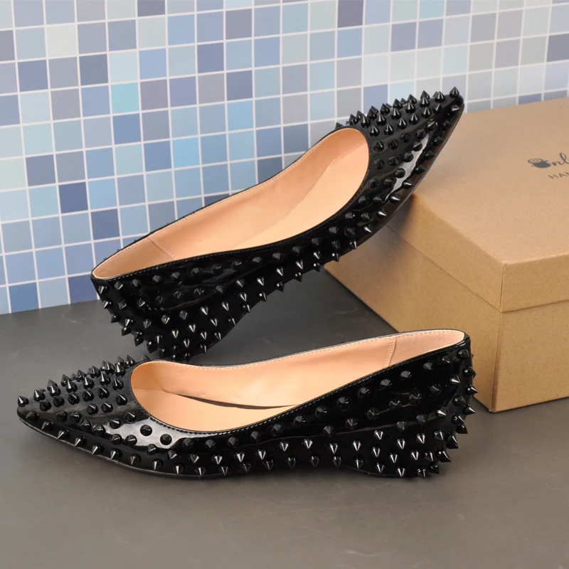 Onlymaker Woman Pointed Toe Rivet Slip On Black Studded Ballet Flat Fashion Elegent  Shoes