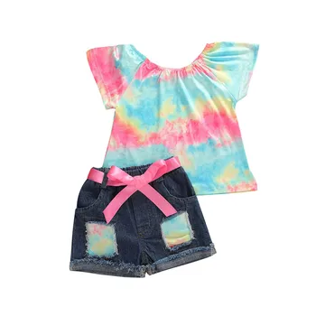 

Toddler Kids Baby Girl Summer Denim Outfits 2PCS Short Sleeve T shirt Rainbow print tee top Jeans Shorts Clothes Set 1-6 T