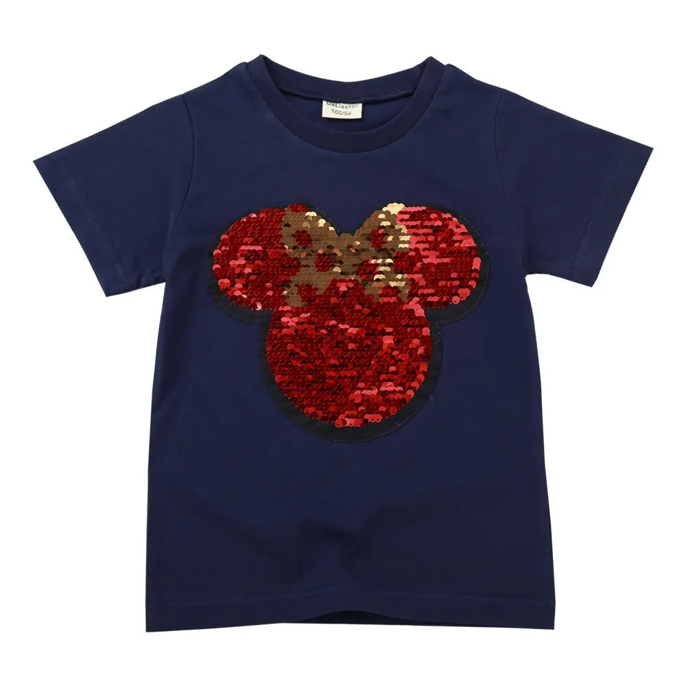Jargazol/рубашки для маленьких девочек Летняя футболка с короткими рукавами с принтом Минни Маус и бантом, с блестками Топ для маленьких мальчиков, детская одежда