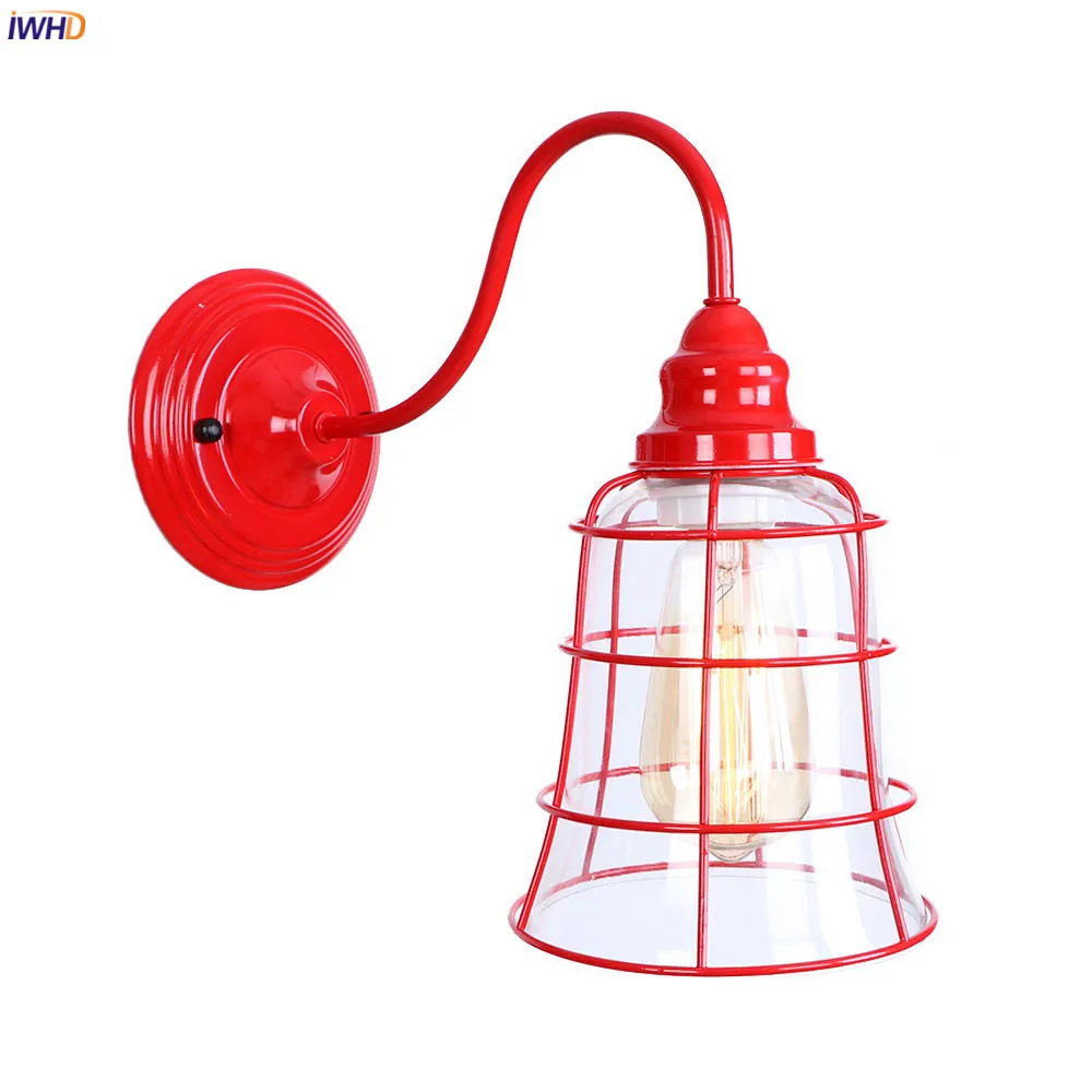 

IWHD American Country Vintage Wall Lamp Living Room Bathroom Mirror Stair Loft Decor Red Glass Wall Light Sconce Wandlamp LED