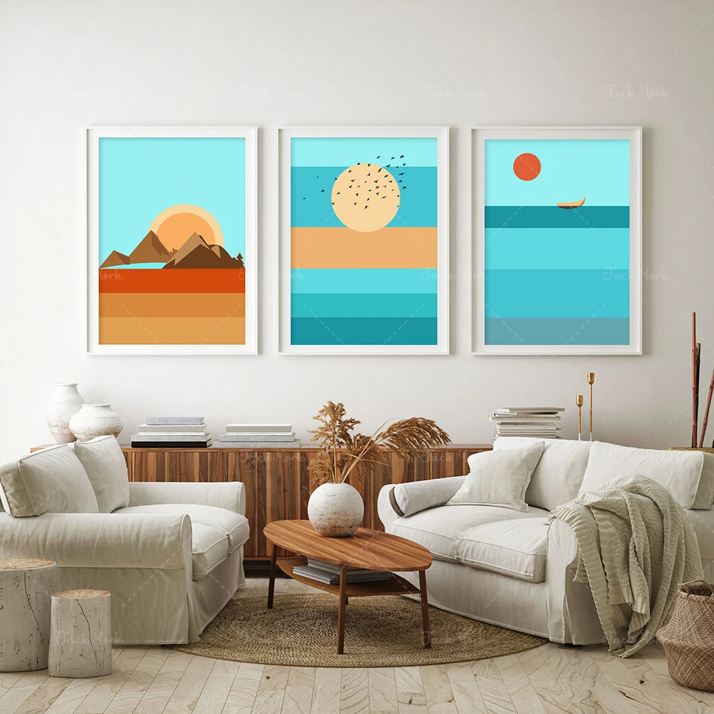 Paesaggio Scandinavo, Alba Minimalista, Montagna Del Tramonto, Stampa Della Barca A Vela, Moderna Montagna Del Sole Del Mare, Arte Del Paesaggio Geome