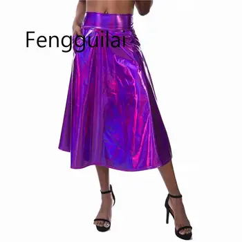

Sparkle Pu Holographic Skirts Gradient Color A-line Pocket Summer Sexy Women Slim Long Skirt Music Festival Streetwear Chic