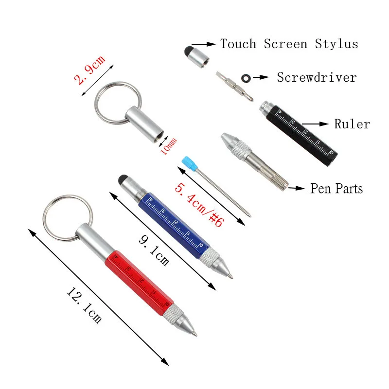 GENKKY Multifunctional Pen Metal Tool pen Ballpoint mini Pen Screwdriver Ruler Spirit Multifunction Key buckles Black Blue Ink