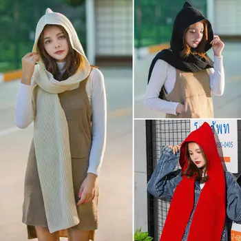

2019 New Fashion Women Warm Winter Knit Long Hooded Scarf Soft Shawl Headscarf Hoodie Scarf girls scarf
