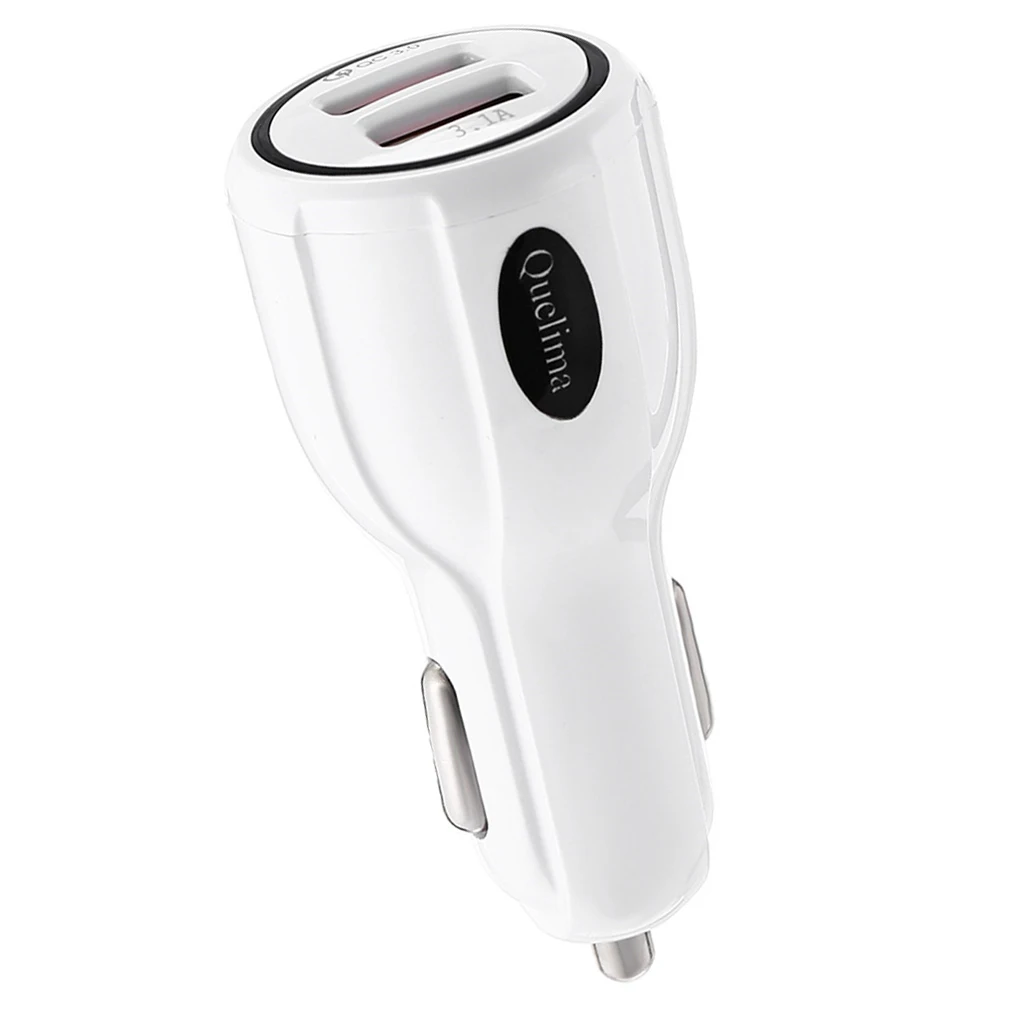 White, Car Charger QC3.0 USB Dual Ports Car Charger Fast Charging Universal