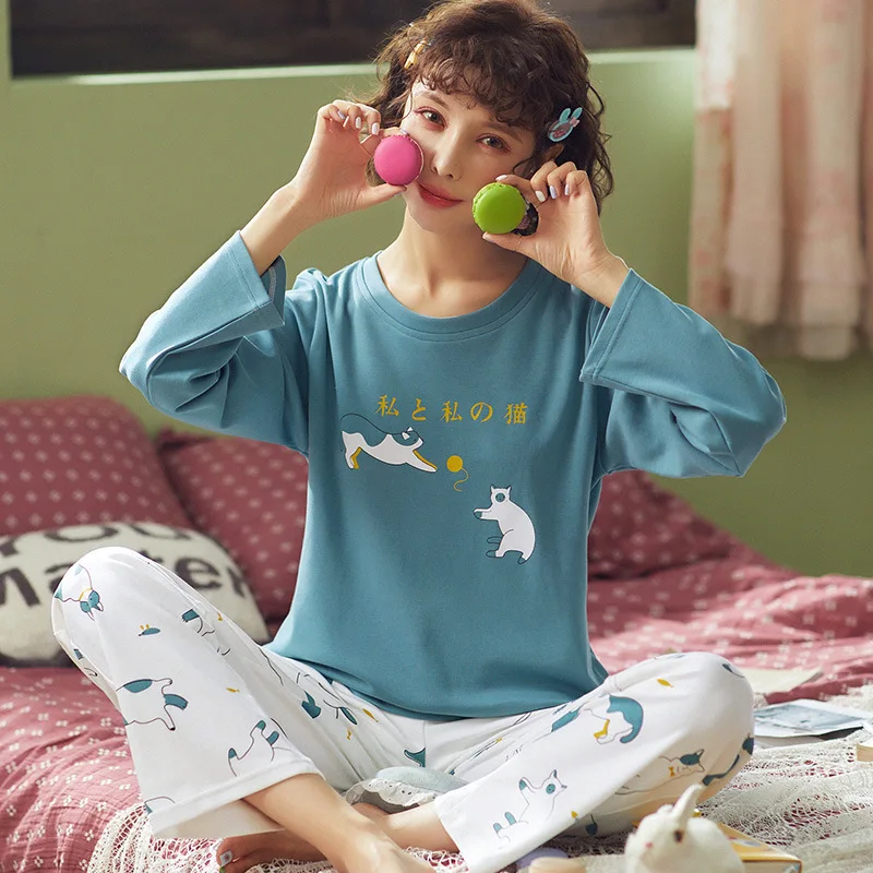 

3985 # Frolic Two Cat Pullover AQT Pure Cotton Long Sleeve Sweet Pajamas Tracksuit Two-Piece Set
