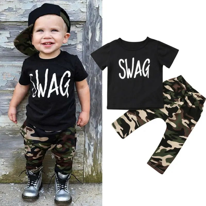 Fashion Toddler Kids Baby Boys Clothes Letter Tops T-shirt+ Camo Pants 2Pcs Outfit Set |