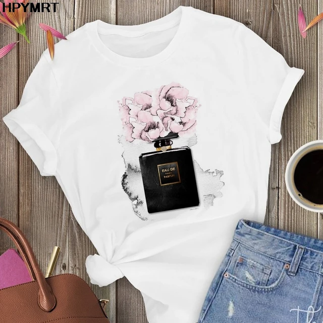 Camiseta con estampado de perfume de flores para mujer, remera con