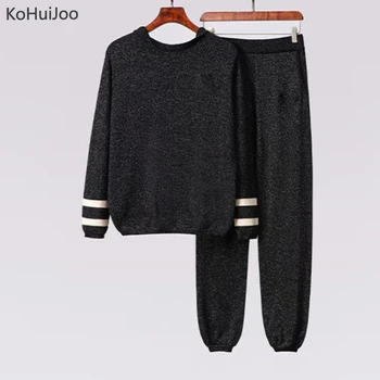 

KoHuiJoo 2019 Spring Autumn Women Sweater Pant Suit Casual Patchworkl Long Sleeve Knitted Sweater +Pants Set 2 piece Tracksuit