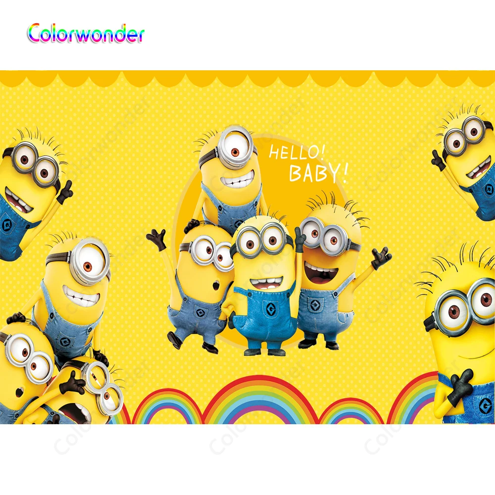 Yellow Backgrounds Hello Baby Photogrpraphy Minions Wearing Denim Overalls Colorful Rainbow Birthday Backdrops for Newborn Party |