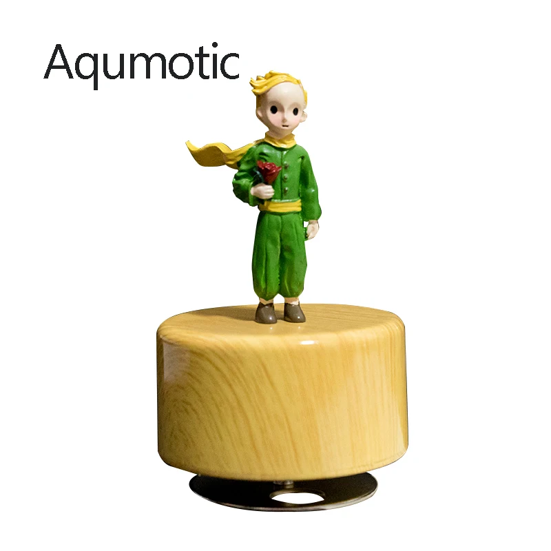 Aqumotic Little Prince Clockwork Music Box Resin Princekin Rotation Round Base Musical Boxes Crafts Retro Gift Home Decoration