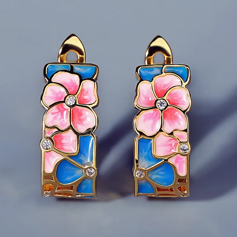 2023 New Ladies 925 Silver Earrings Color Flower Earrings Peach