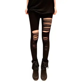 

Women Ripped Skinny Leggings Sexy Hollow Out Ankle Length Pants Female Casual High Waist Pencil Pants Trousers Black Leggings
