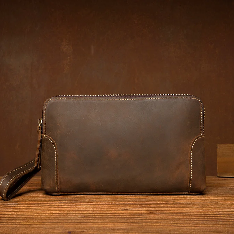 

Crazy Horse Leather Men Clutch Wallets Genuine Leather Long Purses Business Large Capacity Wallet Double Zipper Phone Bag Male