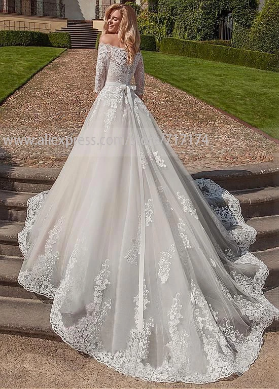 Vestido de noiva с открытыми плечами 3/4 рукав кружева аппликация ТРАПЕЦИЕВИДНОЕ свадебное платье с трапециевидной формы пуговица корт Поезд халат de mariee
