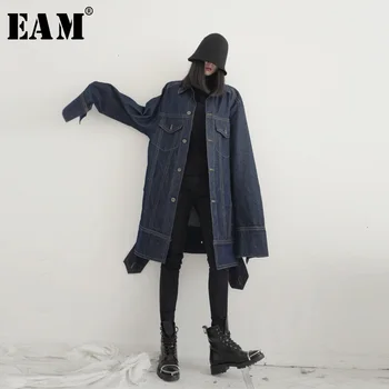 

[EAM] Loose Fit Blue Denim Long Big Size Jacket New Lapel Long Sleeve Women Coat Fashion Tide Spring Autumn 2020 19A-a630