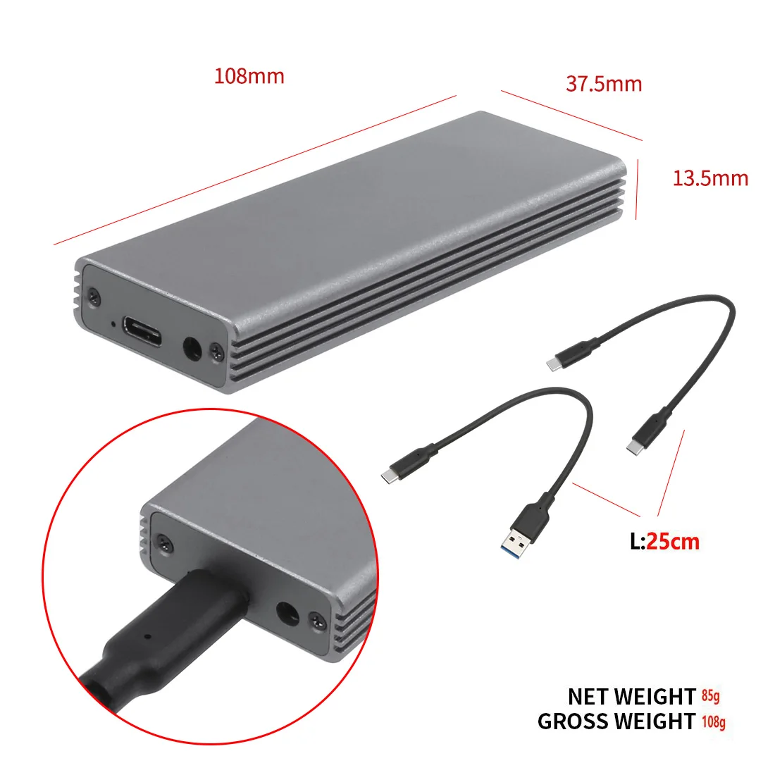 XT-XINTE Aluminum Alloy Type-C USB-C to 16+12 Pin Mobile Box HDD Enclosure for Air Pro 2013 2014 2015 2016 SSD Portable Case