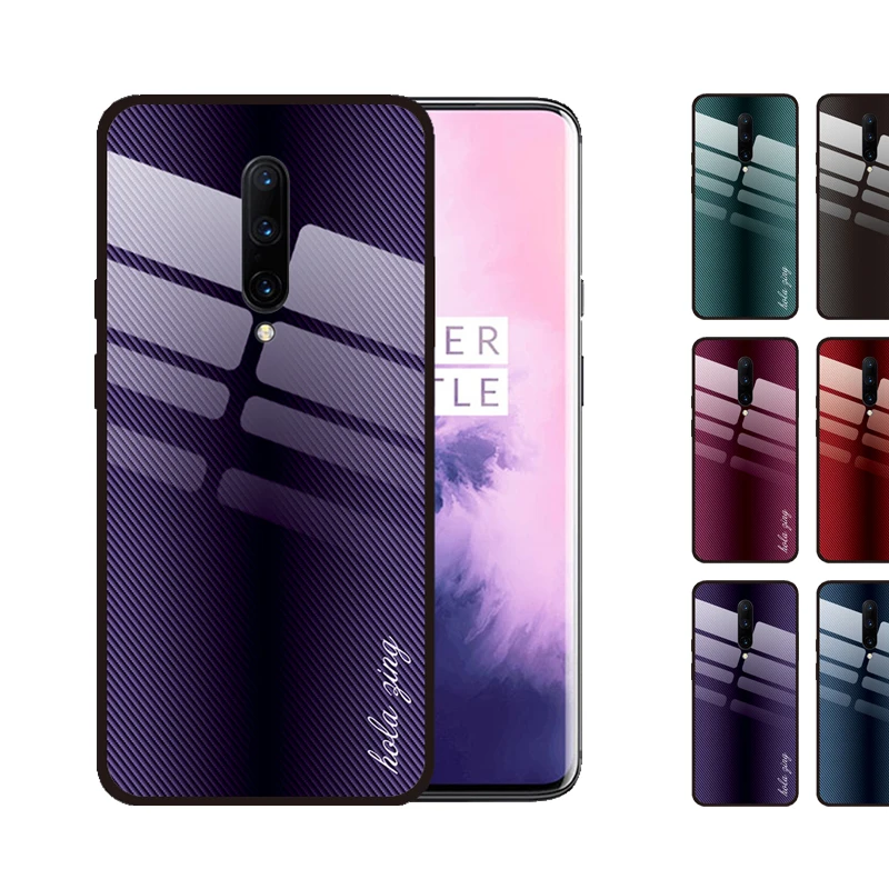 cheap for OnePlus 7 Pro 6T 6 5T 5 Case Gradient Carbon Fiber Printed High Quality Tempered Glass Cover Funda