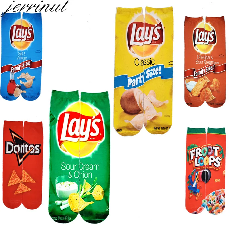 Jerrinut/забавные женские носки унисекс, мужские Гольфы с 3d принтом картофельных чипсов, Хлопковые гольфы для мужчин, Необычные носки, 1 пара