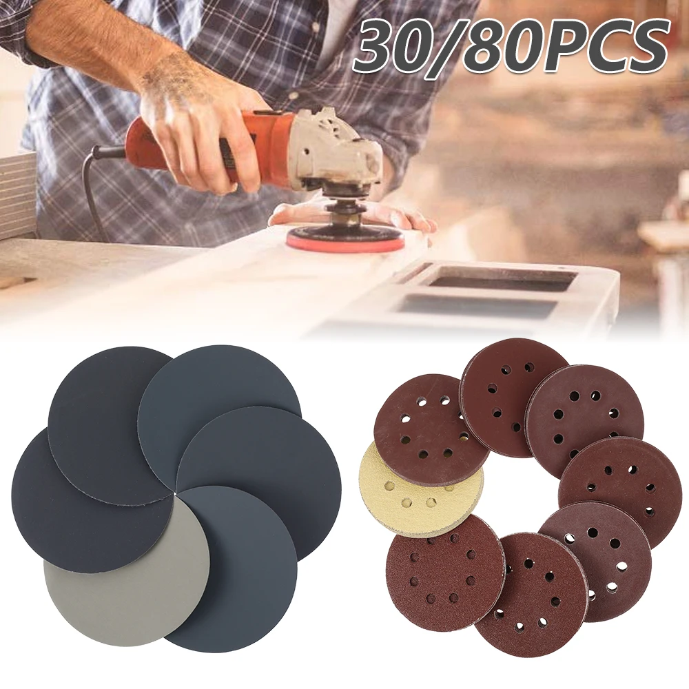 5 Inch 8 Hole Sanding Discs 125 Mm Round Sander Pads 40-320 Grit Wood Metal Disc Water Flocking Polishing Sandpaper Power Tools
