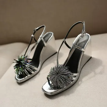 

MLJUESE 2021 women sandals patent leather fringe silver color open toe wedges heels beaches sandals party dress wedding