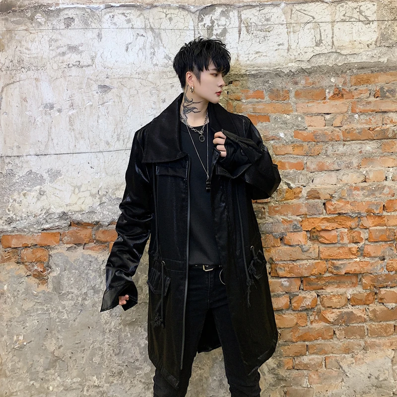 

Men Autumn New Streetwear Hip Hop Loose Casual Long Jacket Windbreaker Overcoat Male Drawstring Trench Coat