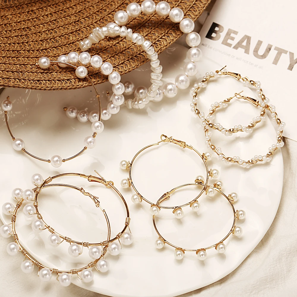 Простые большие круглые жемчужные серьги-кольца для женщин, трендовые круглые висячие серьги с жемчугом, модные вечерние ювелирные изделия