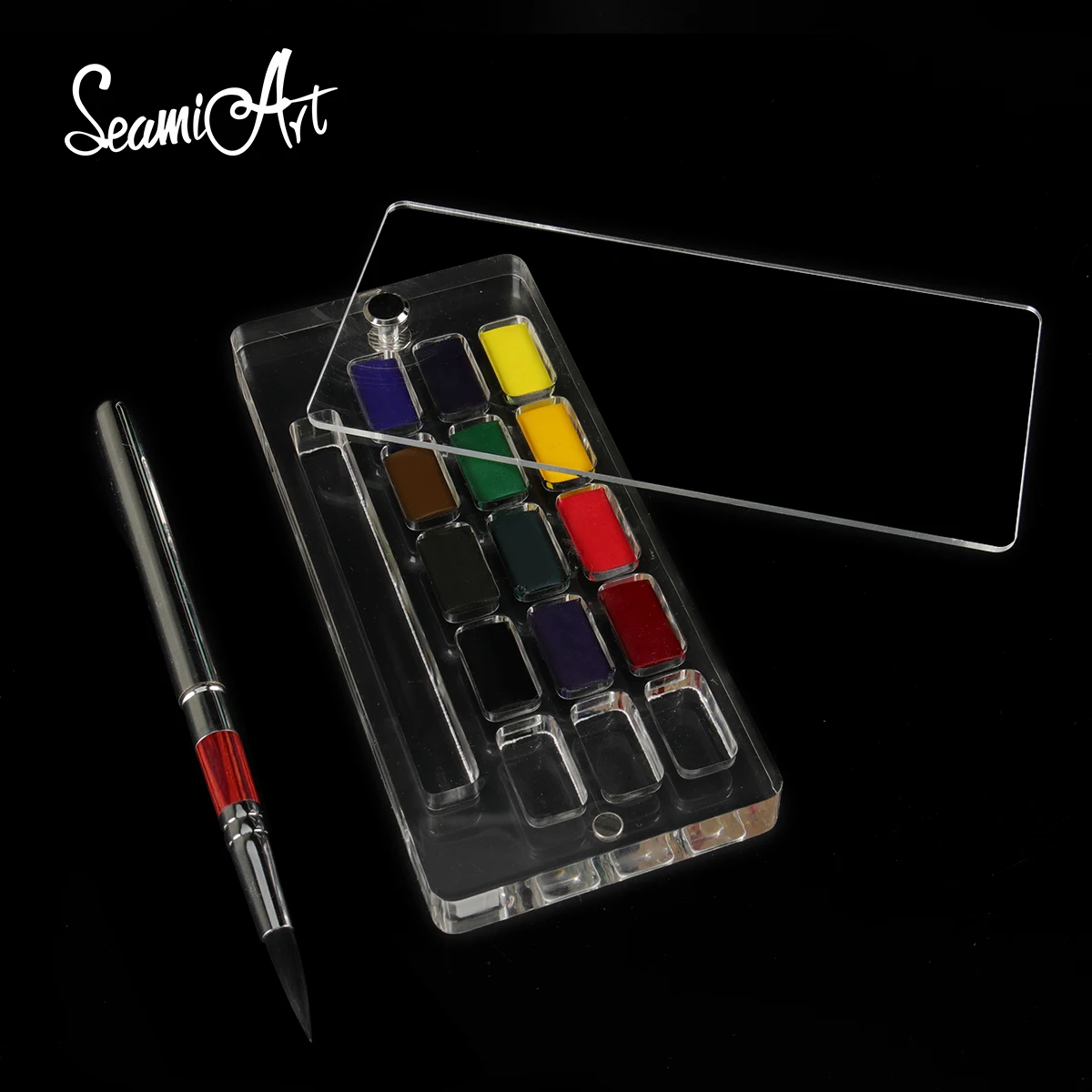 SeamiArt 12 Basic Colors Travel Solid Watercolor Paint Set with Transparent  Acrylic Box & Portable Painting Brush Art Supplies