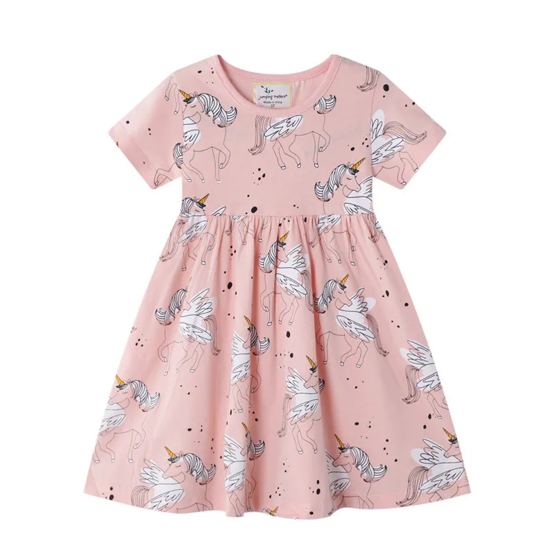 Jumping Meters Princess Girls Cotton Dresses with Animals Print Summer Children's Clothing Kids Unicorns | Детская одежда и